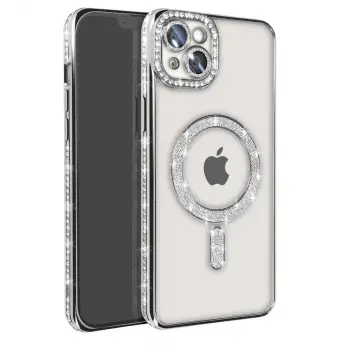 İphone 15 Kılıf Joke Simli Magneticsafe Kılıf - Gümüş