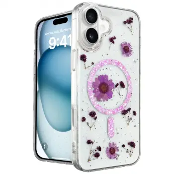 İphone 16 Kılıf Daisy Simli Magsafe Kapak - Mor