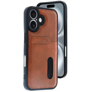 İphone 16 Kılıf Sara Kartvizitli Deri Kılıf - Taba