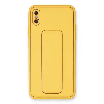 İphone Xs Max Kılıf Coco Deri Standlı Kapak - Sarı