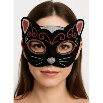 Kadife Dokulu Sim Detaylı Işıltılı Kedi Maskesi Kırmızı Gümüş 20x13 Cm