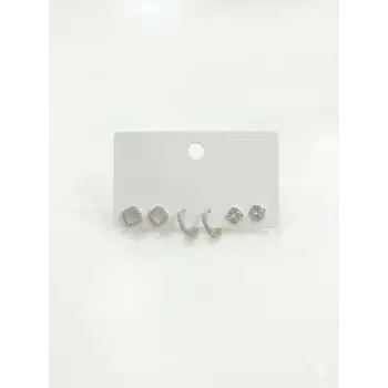 Rodyum Zirkon Taşlı Pirinç Altılı  Kombin Küpe - Kp00650
