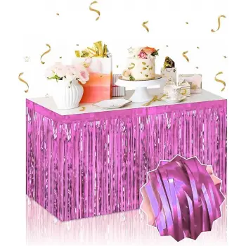 Kendinden Yapışkanlı Pembe Metalize Püsküllü Masa Eteği – 75 X 275 Cm Parti Süslemesi