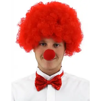 Kırmızı Renk Kıvırcık Afro Bonus Peruk Takma Saç Ve Kırmızı Burun Seti