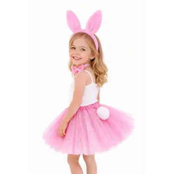 Kız Çocuk Tamamen Pembe Tavşan Kulaklı Kostüm Seti – Tütü Etekli 4 Parça