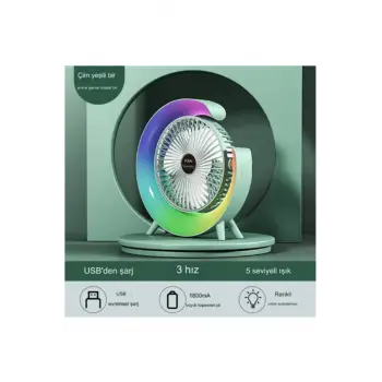 Masaüstü Vantilatör Usb Şarjlı Rgb Led Işıklı 3 Kademeli 180° Ayarlanabilir Soğutucu Fan Yeşil