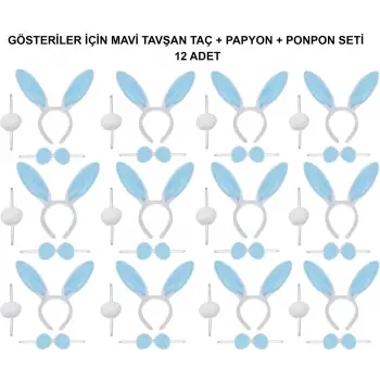 Mavi Tavşan Kostüm Seti – Taç, Papyon, Ponpon (12’li Paket)