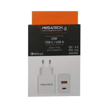 Megatech 20w Beyaz USB-C USB-A  Şarj Kafa QC:3.0-PD:3.0 (KDO)