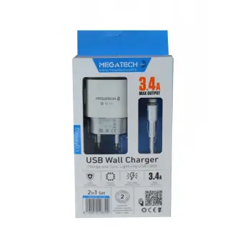 Megatech CC-03 (MT-Cl34) 3.4A Lightning Usb Kablo + Ev Şarj Adaptörü Hızlı Şarj (KDO)