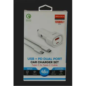 Megatech T05M45-T Beyaz 45W PD-USB Araç Çakmaklık Şarj Başlığı Hızlı Şarj(TYPE-C TO TYPE-C KABLO)