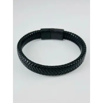 Siyah Deri / Çelik  Erkek Deri Bileklik 20 Cm  - Ebl0065