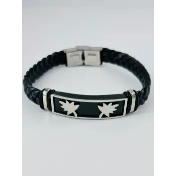 Siyah Deri / Çelik  Erkek Deri Bileklik 20 Cm  - Ebl0106