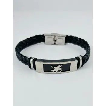 Siyah Deri / Çelik  Erkek Deri Bileklik 20 Cm  - Ebl0086