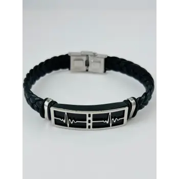 Siyah Deri / Çelik  Erkek Deri Bileklik 20 Cm  - Ebl0123
