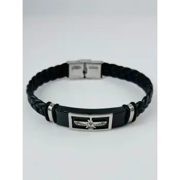 Siyah Deri / Çelik  Erkek Deri Bileklik 20 Cm  - Ebl0111