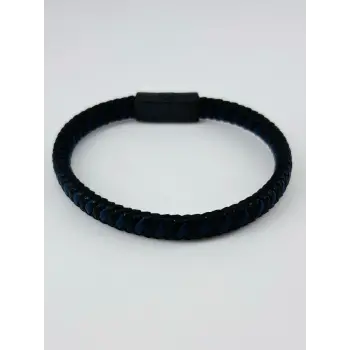 Siyah - Lacivert Deri / Çelik  Erkek Deri Bileklik 20 Cm  - Ebl0052