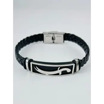 Siyah Deri / Çelik  Erkek Deri Bileklik 20 Cm  - Ebl0120