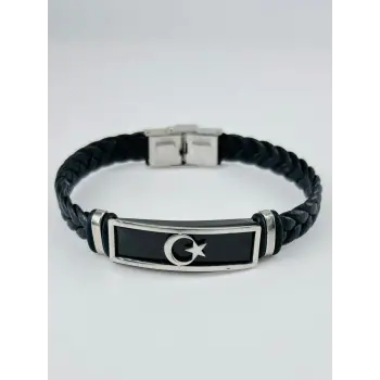 Siyah Deri / Çelik  Erkek Deri Bileklik 20 Cm  - Ebl0125