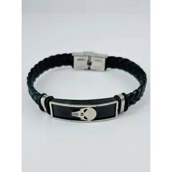 Siyah Deri / Çelik  Erkek Deri Bileklik 20 Cm  - Ebl0088