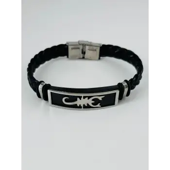 Siyah Deri  / Çelik  Erkek Deri Bileklik 20 Cm  - Ebl0040