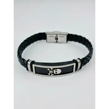 Siyah Deri / Çelik  Erkek Deri Bileklik 20 Cm  - Ebl0079