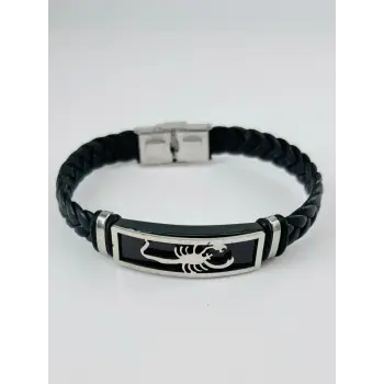 Siyah Deri / Çelik  Erkek Deri Bileklik 20 Cm  - Ebl0114