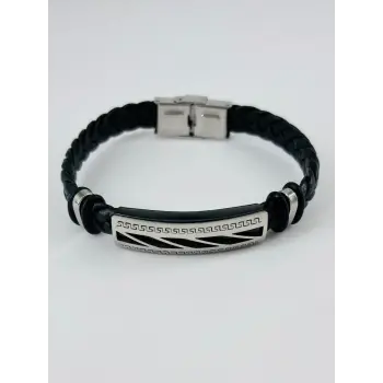 Siyah Deri / Çelik  Erkek Deri Bileklik 20 Cm  - Ebl0030