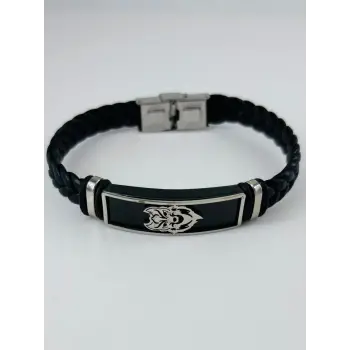 Siyah Deri / Çelik  Erkek Deri Bileklik 20 Cm  - Ebl0104