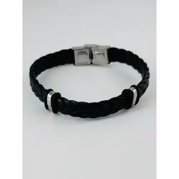 Siyah Deri  / Çelik  Erkek Deri Bileklik 20 Cm  - Ebl0045