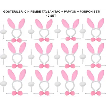 Pembe Tavşan Kostüm Seti – Taç, Papyon, Ponpon (12’li Paket)