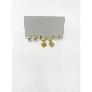   Zirkon Taşlı Pirinç Altılı  Kombin Küpe - Kp00580