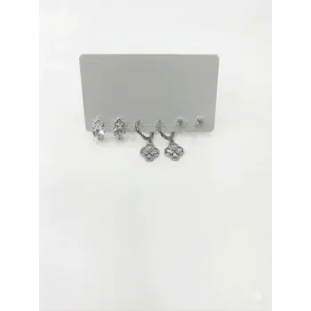 Rodyum Zirkon Taşlı Pirinç Altılı  Kombin Küpe - Kp00581