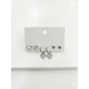Sallantılı Kalp Detaylı Altılı Küpe - Kp00636
