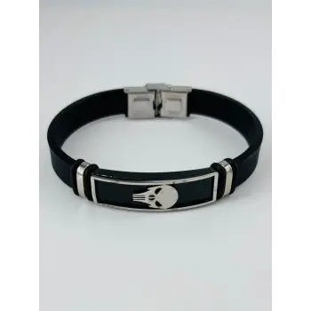Siyah Silikon / Çelik  Erkek Deri Bileklik 20 Cm  - Ebl0100