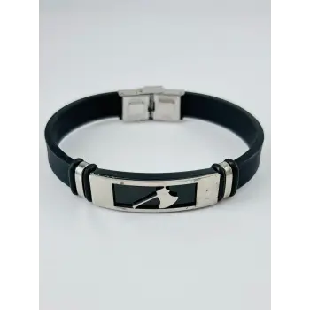 Siyah Silikon / Çelik  Erkek Deri Bileklik 20 Cm  - Ebl0110