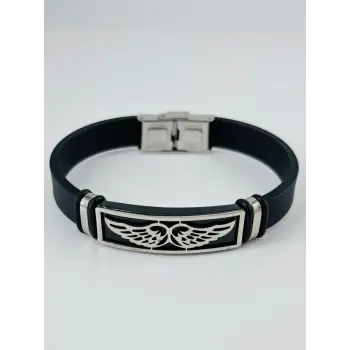 Siyah Silikon / Çelik  Erkek Deri Bileklik 20 Cm  - Ebl0127