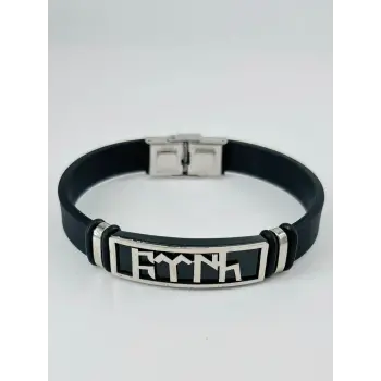 Siyah Silikon / Çelik  Erkek Deri Bileklik 20 Cm  - Ebl0116