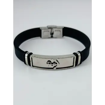 Siyah Silikon / Çelik  Erkek Deri Bileklik 20 Cm  - Ebl0101
