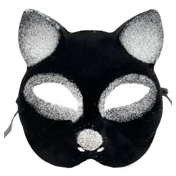 Siyah Renk Gümüş Simli Süet Kaplama Kedi Maskesi 18x14 Cm