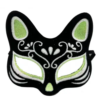 Siyah Renk Süet Kaplama Üzeri Gümüş Yeşil Simli Kedi Maskesi 17x14 Cm