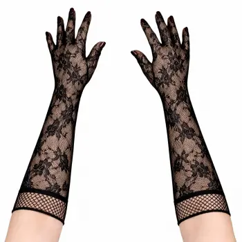 Siyah Uzun Gül Desenli Dantel Kadın Eldiveni
