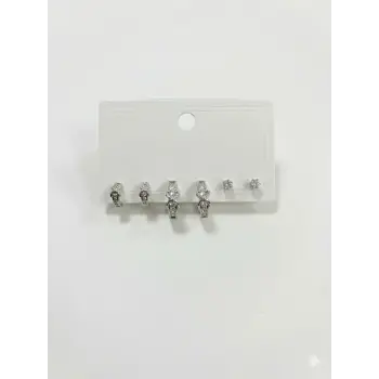 Rodyum Zirkon Taşlı Pirinç Altılı  Kombin Küpe - Kp00626