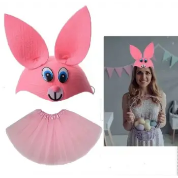 Tavşan Kostümü Pembe - 23 Nisan Tavşan Şapka Ve Tütü Etek Seti 2 Parça
