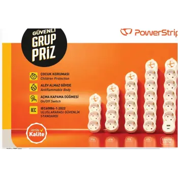 TUNCMATIK POWERSTRIP3 TSK19065 5 m IEC 66884-1:2022 Standartı, FR(Alev Almaz), anahtarlı grup priz