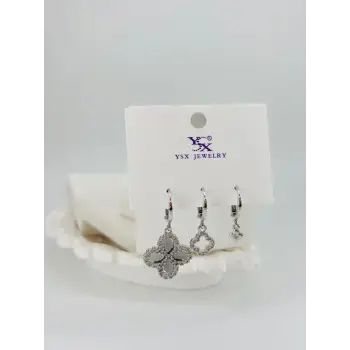 Rodyum Zirkon Taşlı Pirinç Üçlü Kombin Küpe - Kp00536
