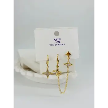   Zirkon Taşlı Pirinç Üçlü Kombin Küpe - Kp00545