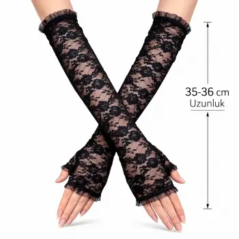 Uzun Zarif Dantel Eldiven Parmaksız Siyah 35 Cm