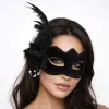 Beyaz İnci Detaylı Siyah Süet Venedik Kadın Maskesi Tüylü Güllü