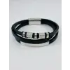 Siyah Deri / Çelik  Erkek Deri Bileklik 20 Cm  - Ebl0090