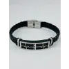 Siyah Deri / Çelik  Erkek Deri Bileklik 20 Cm  - Ebl0123